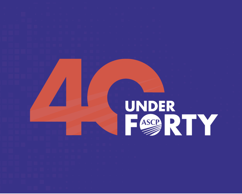 40 Under Forty logo on purple background